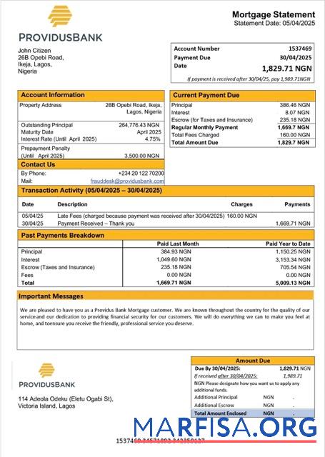 Blank Nigeria Providus Bank mortgage statement Word and PDF template